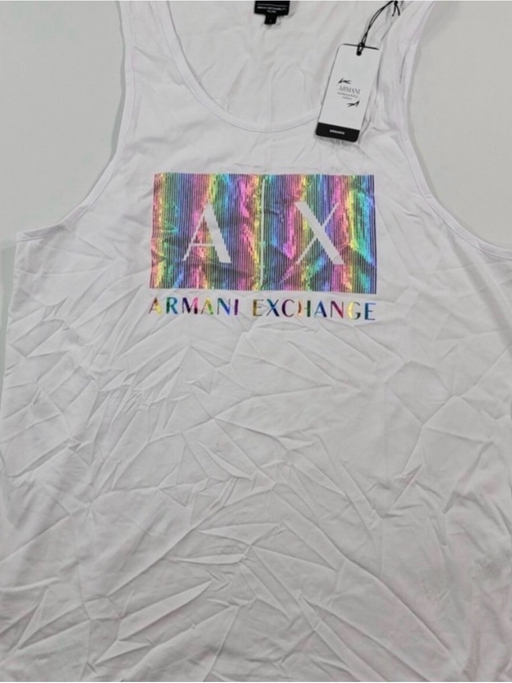 Armani Exchange White Tank with Rainbow Holographic Logo - Picture 2 of 3